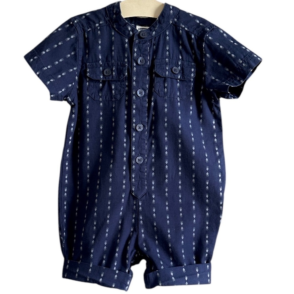 Old Navy Baby Boy Stylish Modern Blue & White Romper with Pockets Size 3-6 M